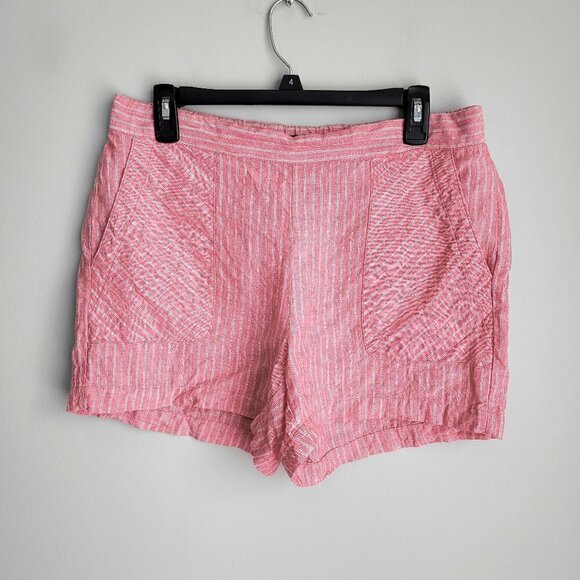 Ellen Tracy 100% Linen Pink White Stripes Elastic Waist Pull On Shorts - Picture 1 of 6